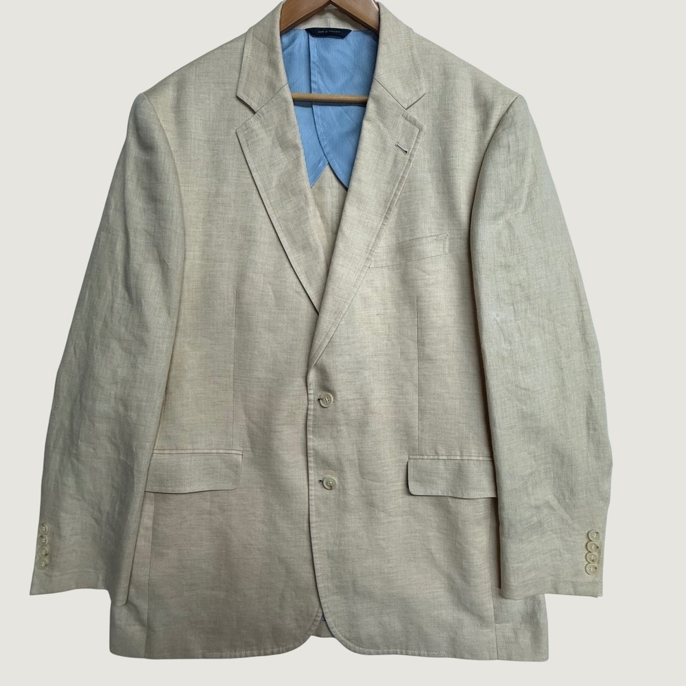 Brooks Brothers 1818 Madison Sport Coat 44L 100% Linen Beige Herringbone Blazer